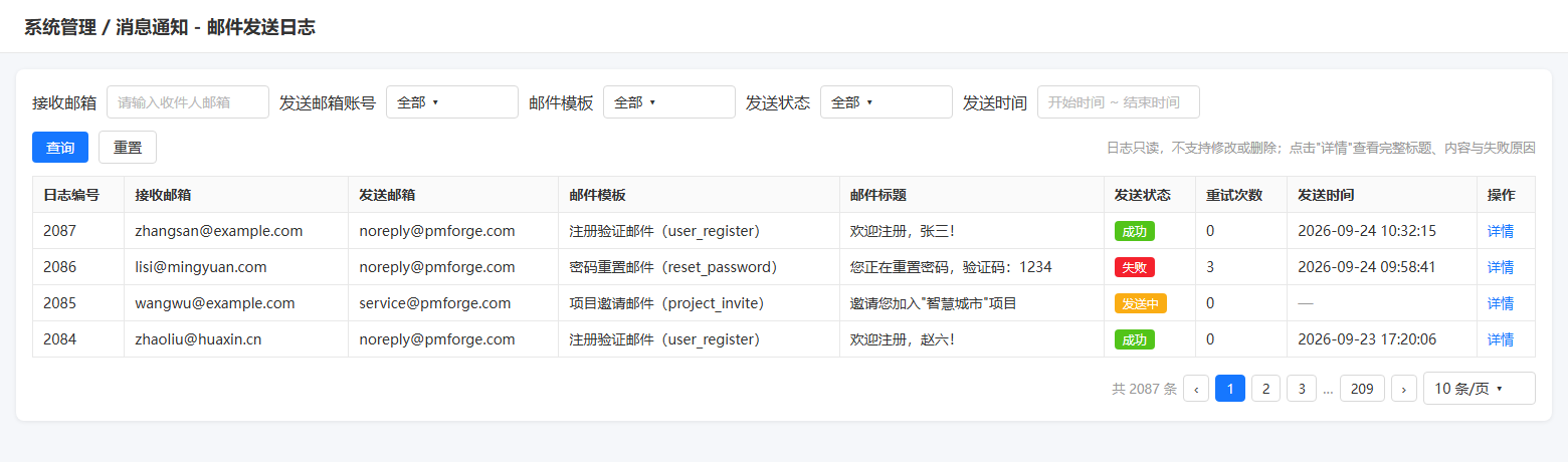 邮件发送日志页面
